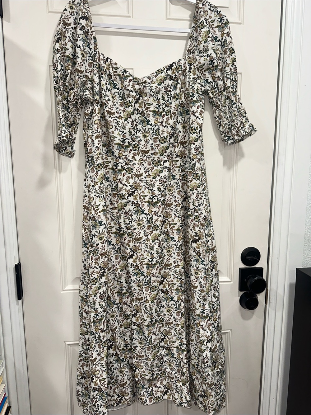 audrey White Floral Midi Dress with Green & Tan Accents
